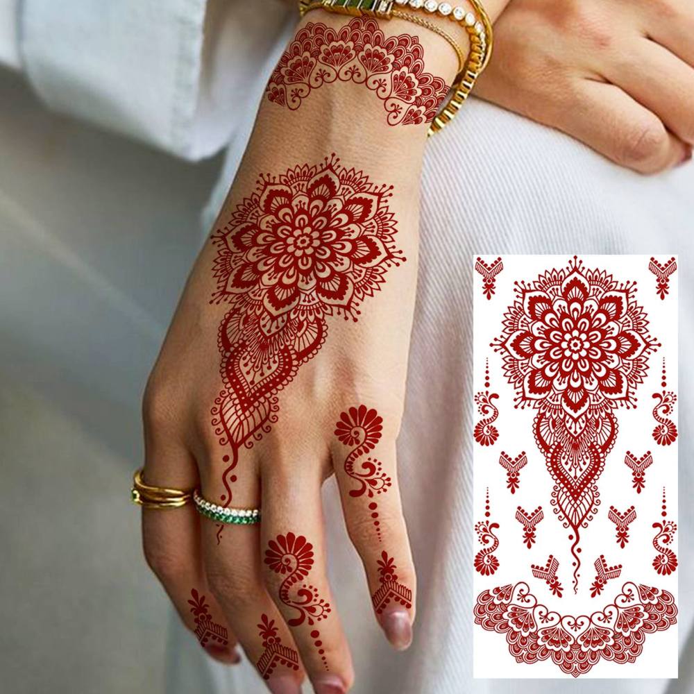 1 Sheet Henna Mandala Ramadan Mubarak Kareem Red Brown Temporary Tattoos For Women Adults Lace Hands Foot Forearm Arm Body Art Makeup, Semi Permanent Temp Fake Tattoo Stickers Waterproof Fake Jewelry Tatoos For Festival Party Accessory