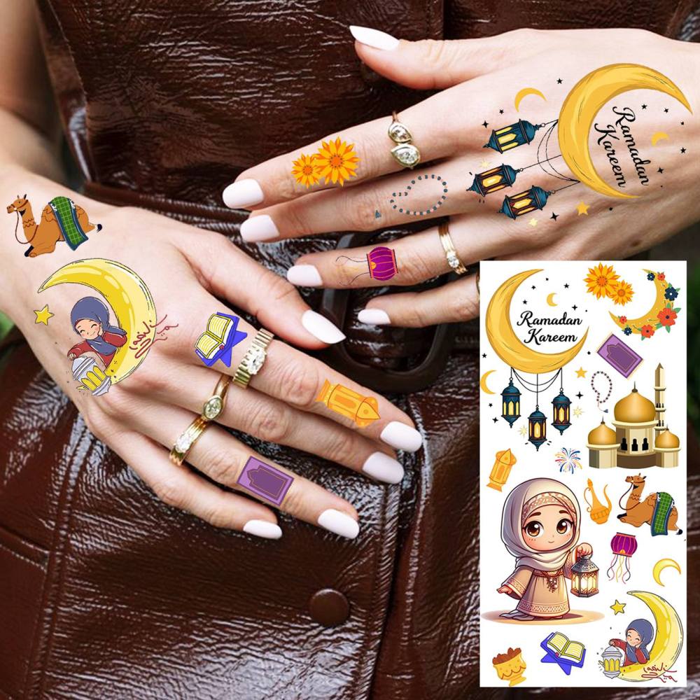 1 Sheet Crescent Moon Ramadan Mubarak Kareem  Temporary Tattoos For Women Adults Kids Men Lace Hands Foot Forearm Arm Body Art Makeup, Semi Permanent Temp Fake Tattoo Stickers Waterproof Tatoos For Festival Party Accessory