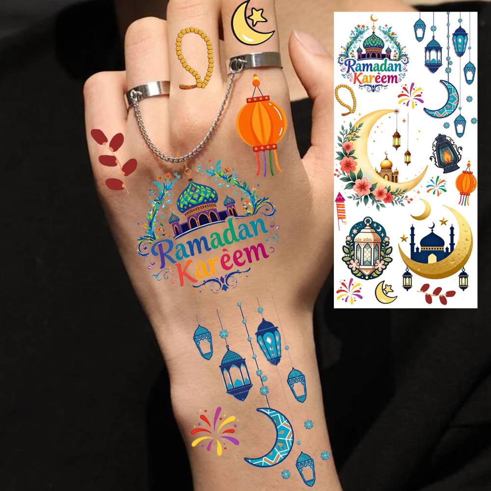 1 Sheet Crescent Moon Ramadan Mubarak Kareem  Temporary Tattoos For Women Adults Kids Men Lace Hands Foot Forearm Arm Body Art Makeup, Semi Permanent Temp Fake Tattoo Stickers Waterproof Tatoos For Festival Party Accessory