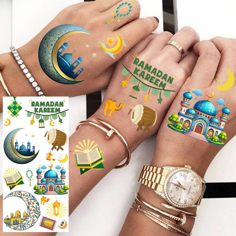 1 Sheet Crescent Moon Ramadan Mubarak Kareem  Temporary Tattoos For Women Adults Kids Men Lace Hands Foot Forearm Arm Body Art Makeup, Semi Permanent Temp Fake Tattoo Stickers Waterproof Tatoos For Festival Party Accessory