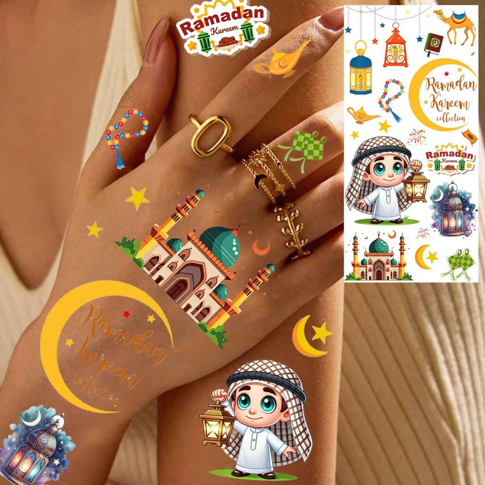 1 Sheet Crescent Moon Ramadan Mubarak Kareem  Temporary Tattoos For Women Adults Kids Men Lace Hands Foot Forearm Arm Body Art Makeup, Semi Permanent Temp Fake Tattoo Stickers Waterproof Tatoos For Festival Party Accessory