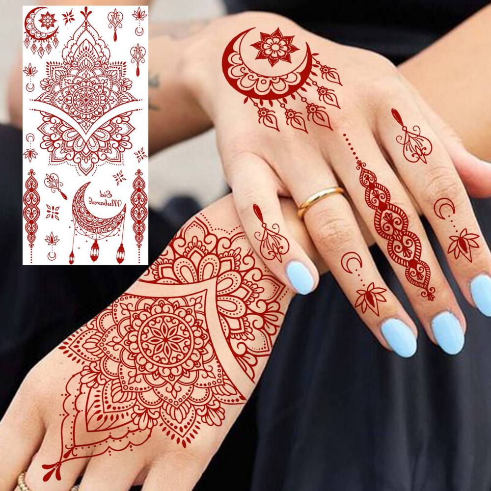 1 Sheet Henna Mandala Ramadan Mubarak Kareem Red Brown Temporary Tattoos For Women Men Adults Hands Foot Neck Forearm Arm Body Art Makeup, Semi Permanent Temp Fake Tattoo Stickers Waterproof Long Lasting Realistic Tatoos For Festival Party Accessory