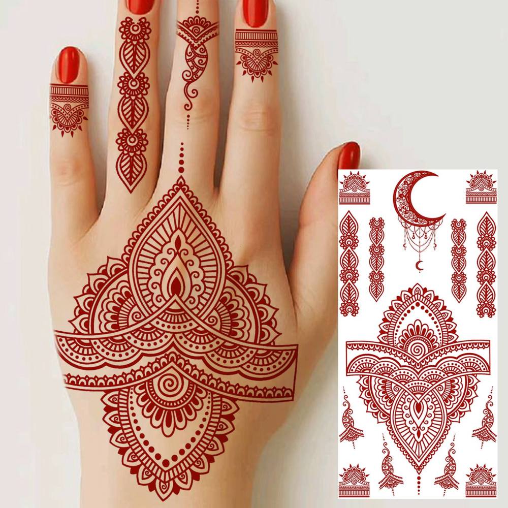 1 Sheet Henna Mandala Ramadan Mubarak Kareem Red Brown Temporary Tattoos For Women Men Adults Hands Foot Neck Forearm Arm Body Art Makeup, Semi Permanent Temp Fake Tattoo Stickers Waterproof Long Lasting Realistic Tatoos For Festival Party Accessory