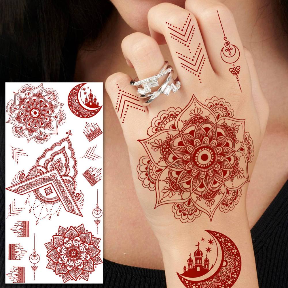 1 Sheet Henna Mandala Ramadan Mubarak Kareem Red Brown Temporary Tattoos For Women Men Adults Hands Foot Neck Forearm Arm Body Art Makeup, Semi Permanent Temp Fake Tattoo Stickers Waterproof Long Lasting Realistic Tatoos For Festival Party Accessory