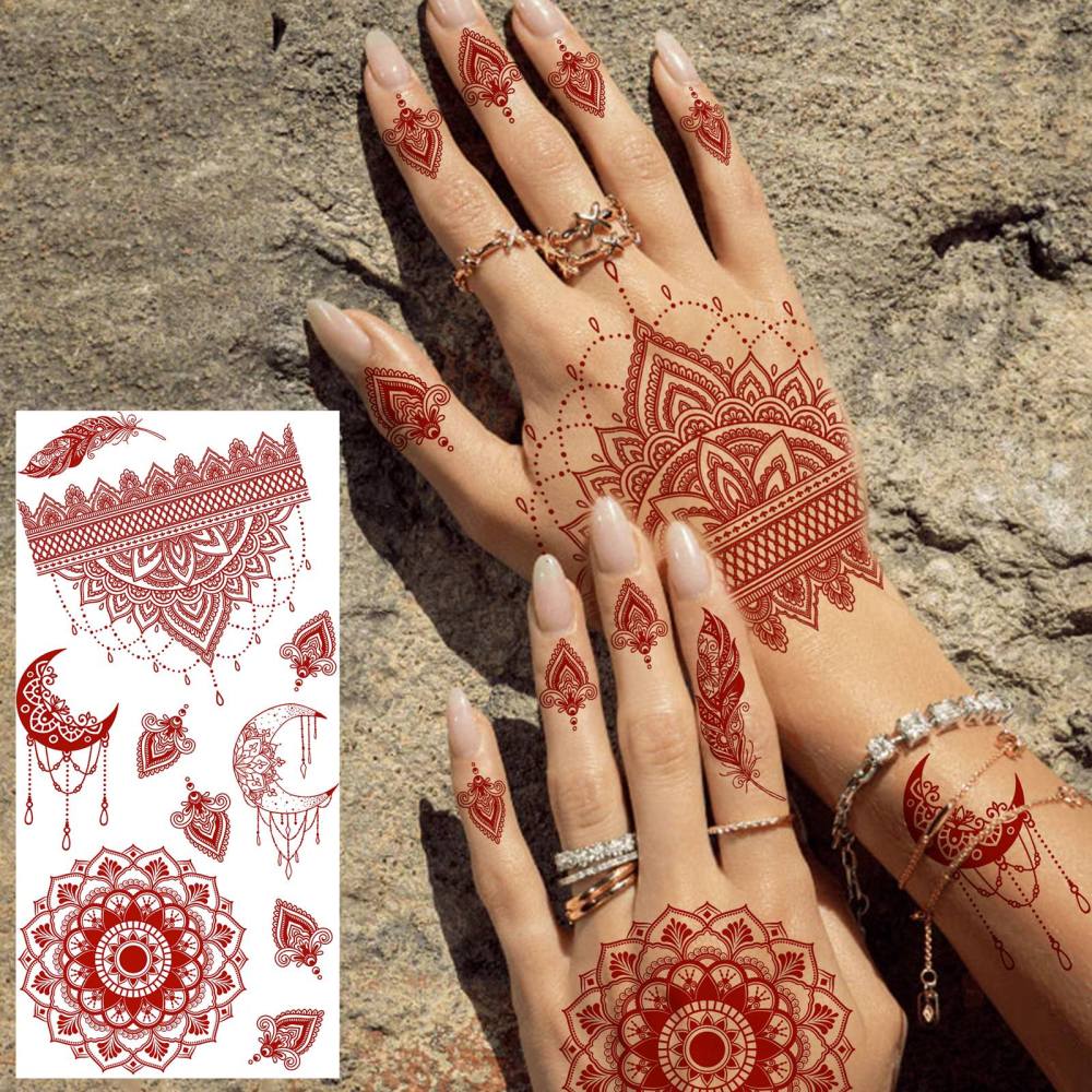 1 Sheet Henna Mandala Ramadan Mubarak Kareem Red Brown Temporary Tattoos For Women Men Adults Hands Foot Neck Forearm Arm Body Art Makeup, Semi Permanent Temp Fake Tattoo Stickers Waterproof Long Lasting Realistic Tatoos For Festival Party Accessory
