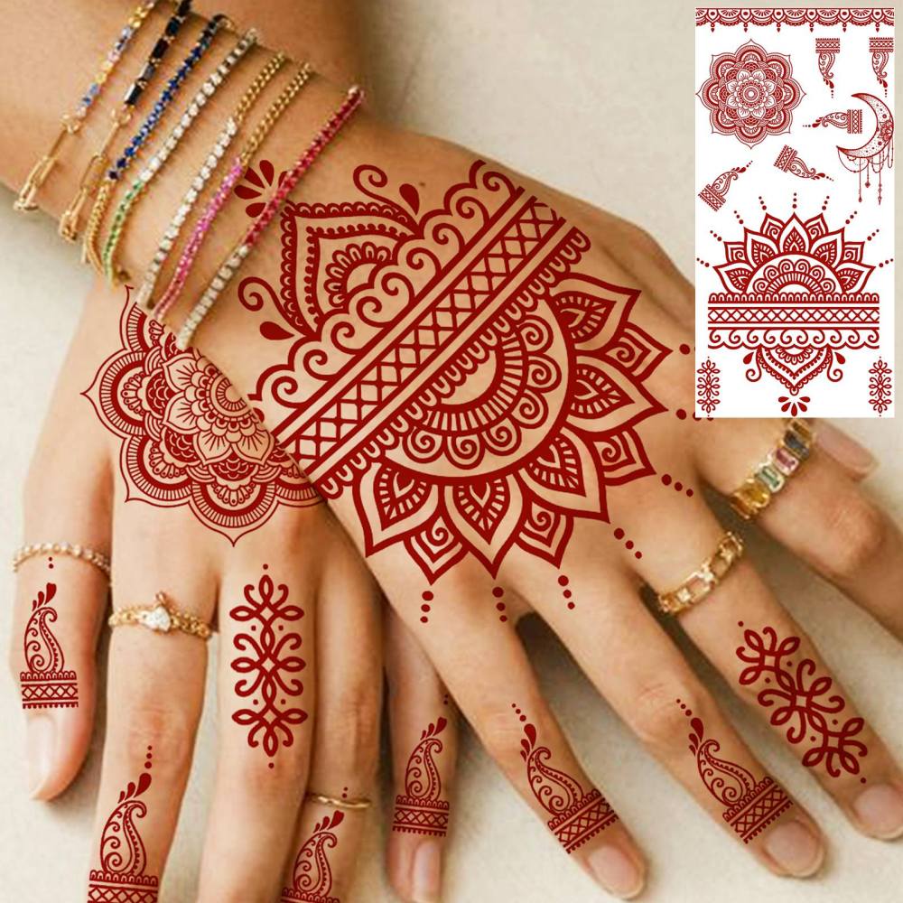 1 Sheet Henna Mandala Ramadan Mubarak Kareem Red Brown Temporary Tattoos For Women Men Adults Hands Foot Neck Forearm Arm Body Art Makeup, Semi Permanent Temp Fake Tattoo Stickers Waterproof Long Lasting Realistic Tatoos For Festival Party Accessory