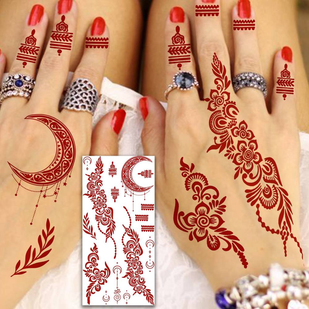 1 Sheet Indian Henna Mandala Ramadan Mubarak Kareem Red Brown Temporary Tattoos For Women Men Adults Hands Foot Forearm Arm Body Art Makeup, Semi Permanent Temp Fake Tattoo Stickers Waterproof Long Lasting Realistic Tatoos For Festival Party Accessory