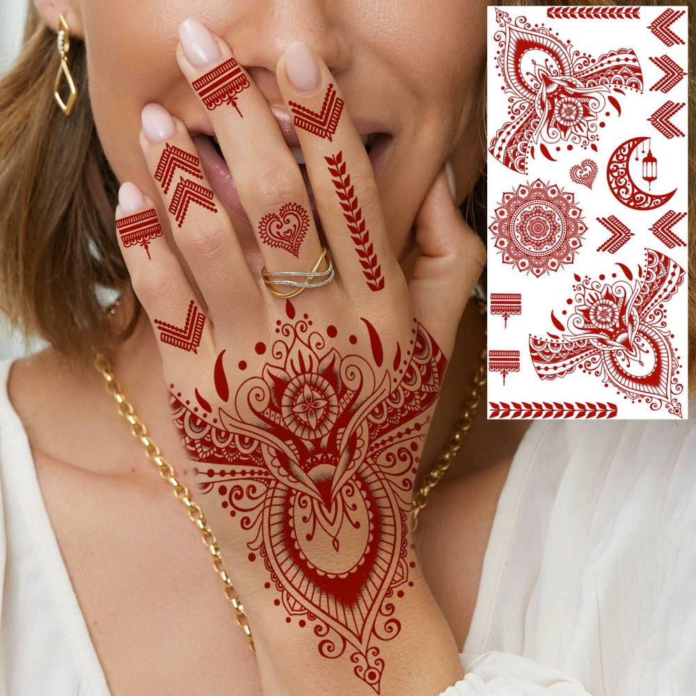 1 Sheet Indian Henna Mandala Ramadan Mubarak Kareem Red Brown Temporary Tattoos For Women Men Adults Hands Foot Forearm Arm Body Art Makeup, Semi Permanent Temp Fake Tattoo Stickers Waterproof Long Lasting Realistic Tatoos For Festival Party Accessory