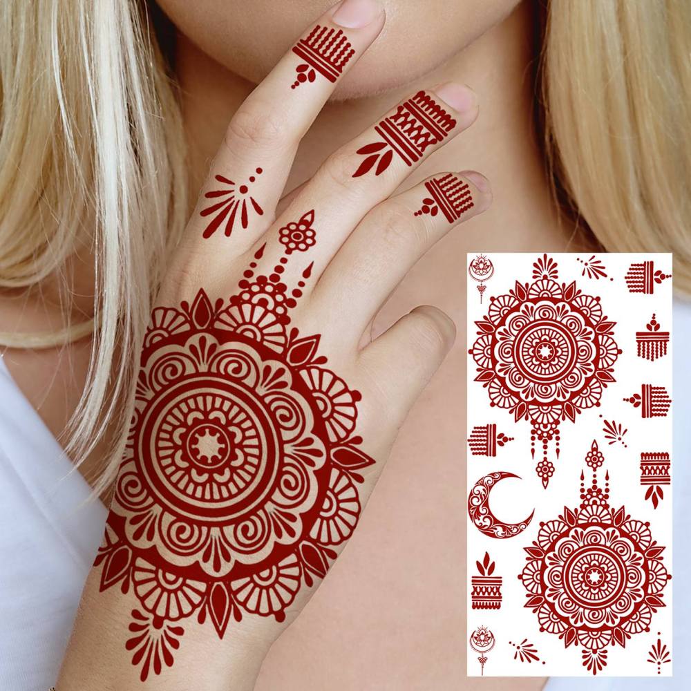1 Sheet Indian Henna Mandala Ramadan Mubarak Kareem Red Brown Temporary Tattoos For Women Men Adults Hands Foot Forearm Arm Body Art Makeup, Semi Permanent Temp Fake Tattoo Stickers Waterproof Long Lasting Realistic Tatoos For Festival Party Accessory