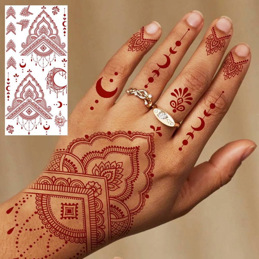 1 Sheet Indian Henna Mandala Ramadan Mubarak Kareem Red Brown Temporary Tattoos For Women Men Adults Hands Foot Forearm Arm Body Art Makeup, Semi Permanent Temp Fake Tattoo Stickers Waterproof Long Lasting Realistic Tatoos For Festival Party Accessory
