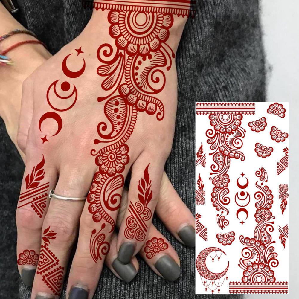 1 Sheet Indian Henna Mandala Ramadan Mubarak Kareem Red Brown Temporary Tattoos For Women Men Adults Hands Foot Forearm Arm Body Art Makeup, Semi Permanent Temp Fake Tattoo Stickers Waterproof Long Lasting Realistic Tatoos For Festival Party Accessory