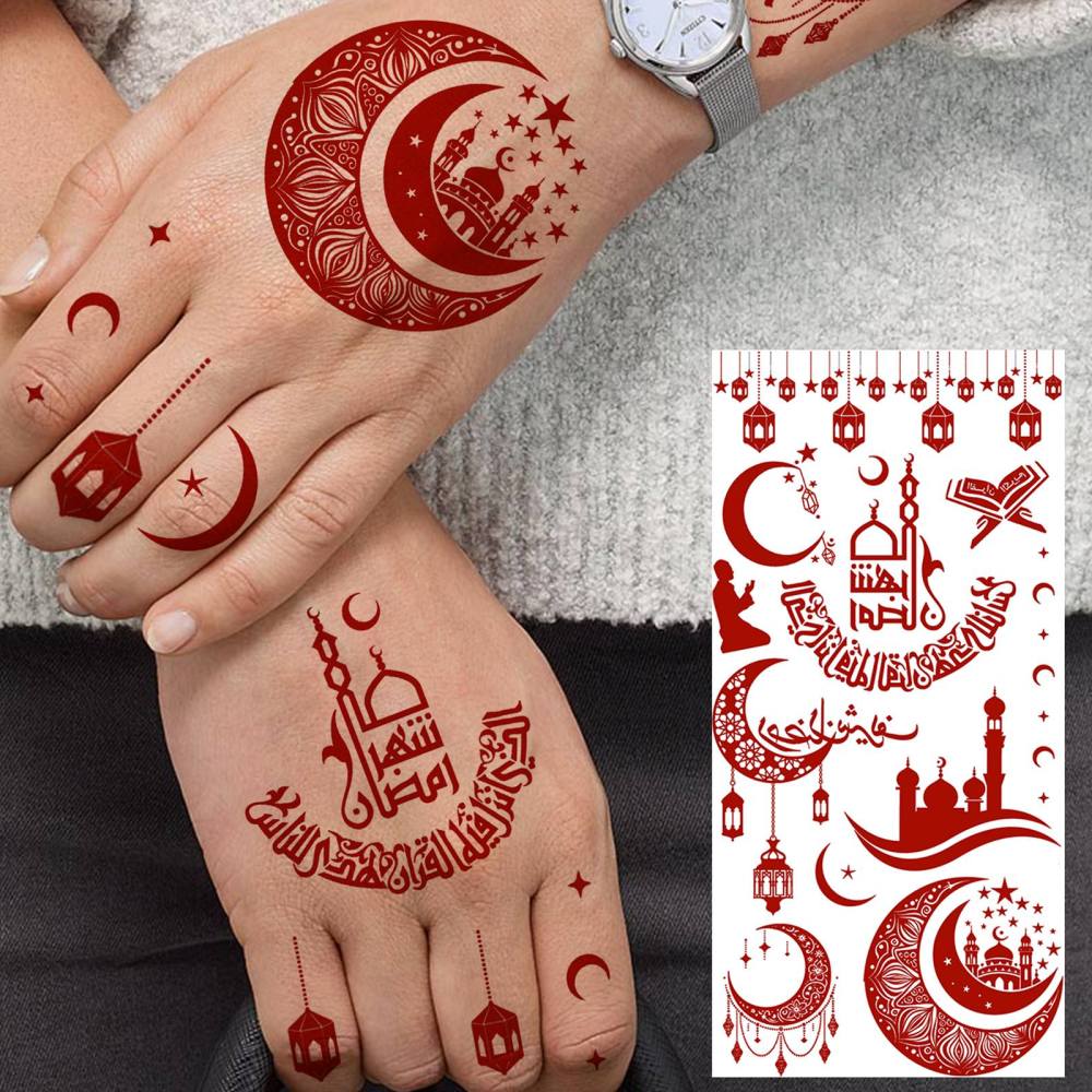 1 Sheet Indian Henna Mandala Ramadan Mubarak Kareem Red Brown Temporary Tattoos For Women Adults Lace Hands Foot Forearm Arm Body Art Makeup, Semi Permanent Temp Fake Tattoo Stickers Waterproof Fake Jewelry Tatoos For Festival Party Accessory