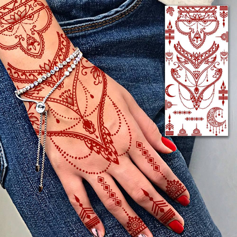 1 Sheet Indian Henna Mandala Ramadan Mubarak Kareem Red Brown Temporary Tattoos For Women Adults Lace Hands Foot Forearm Arm Body Art Makeup, Semi Permanent Temp Fake Tattoo Stickers Waterproof Fake Jewelry Tatoos For Festival Party Accessory