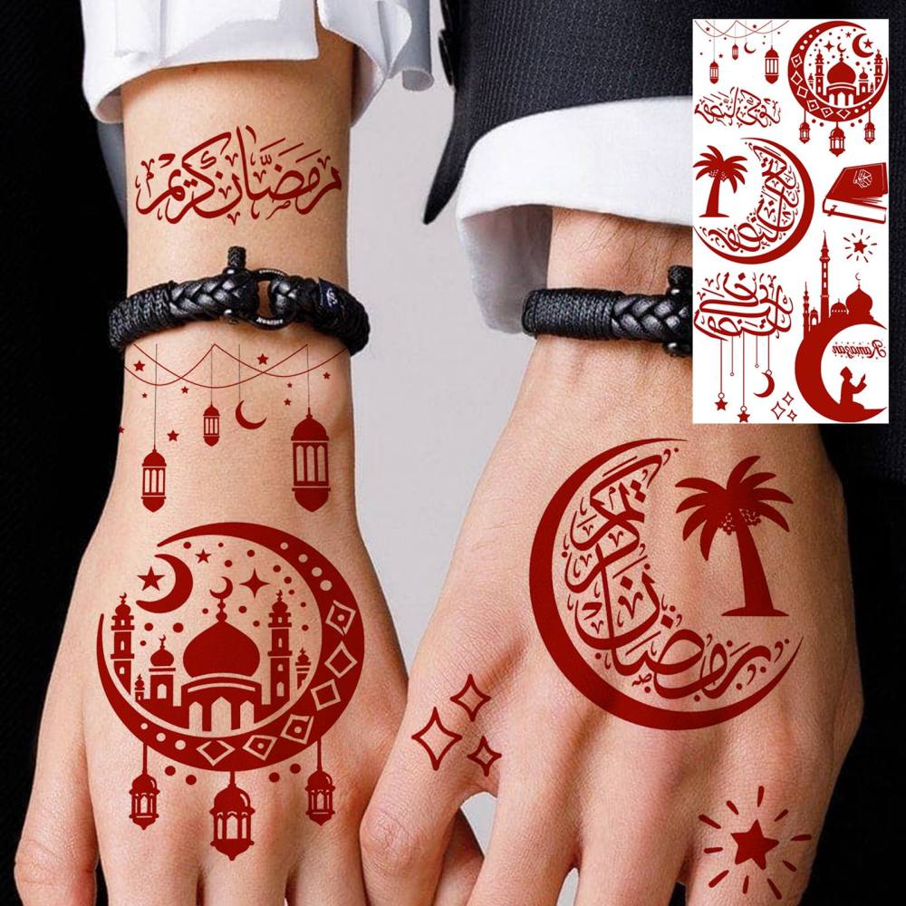 1 Sheet Indian Moon Mandala Ramadan Mubarak Kareem Red Brown Temporary Tattoos For Women Adults Lace Hands Foot Forearm Arm Body Art Makeup, Semi Permanent Temp Fake Tattoo Stickers Waterproof Fake Jewelry Tatoos For Festival Party Accessory