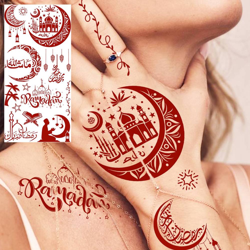 1 Sheet Moon Mandala Ramadan Mubarak Kareem Red Brown Temporary Tattoos For Women Adults Lace Hands Foot Forearm Arm Body Art Makeup, Semi Permanent Temp Fake Tattoo Stickers Waterproof Fake Jewelry Tatoos For Festival Party Accessory