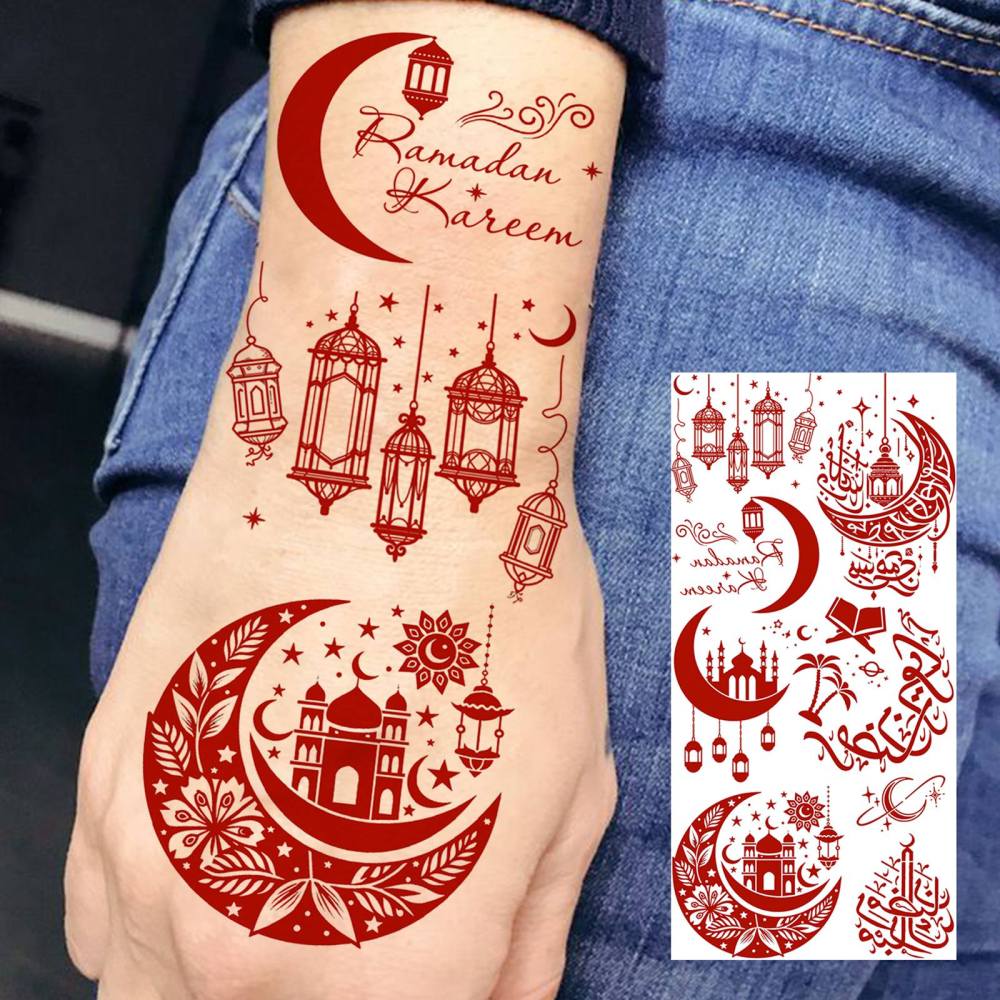 1 Sheet Moon Ramadan Mubarak Kareem Red Brown Temporary Tattoos For Women Adults Lace Hands Foot Forearm Arm Body Art Makeup, Semi Permanent Temp Fake Tattoo Stickers Waterproof Fake Jewelry Tatoos For Festival Party Accessory
