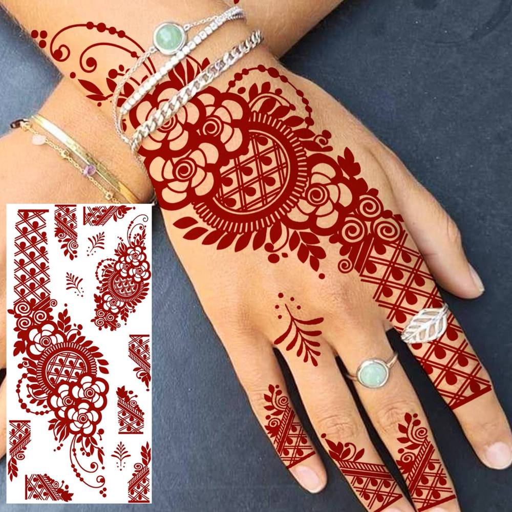 1 Sheet Henna Ramadan Mubarak Kareem Red Brown Temporary Tattoos For Women Adults Lace Hands Foot Forearm Arm Body Art Makeup, Semi Permanent Temp Fake Tattoo Stickers Waterproof Fake Jewelry Tatoos For Festival Party Accessory