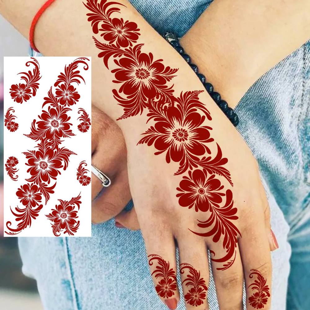 1 Sheet Henna Ramadan Mubarak Kareem Red Brown Temporary Tattoos For Women Adults Lace Hands Foot Forearm Arm Body Art Makeup, Semi Permanent Temp Fake Tattoo Stickers Waterproof Fake Jewelry Tatoos For Festival Party Accessory