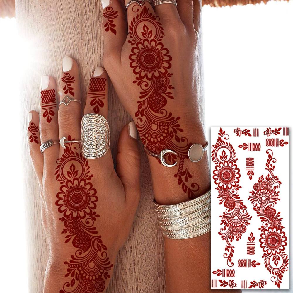 1 Sheet Henna Ramadan Mubarak Kareem Red Brown Temporary Tattoos For Women Adults Lace Hands Foot Forearm Arm Body Art Makeup, Semi Permanent Temp Fake Tattoo Stickers Waterproof Fake Jewelry Tatoos For Festival Party Accessory