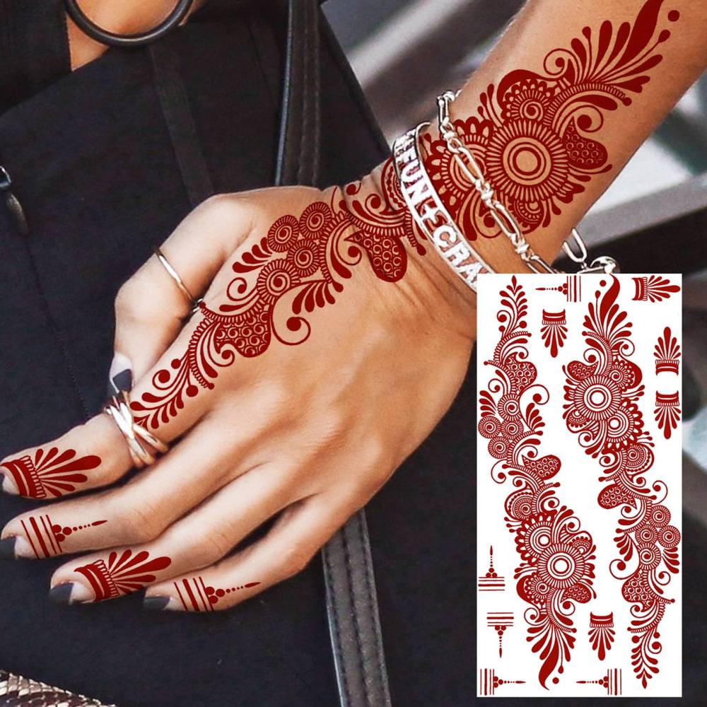 1 Sheet Henna Ramadan Mubarak Kareem Red Brown Temporary Tattoos For Women Adults Lace Hands Foot Forearm Arm Body Art Makeup, Semi Permanent Temp Fake Tattoo Stickers Waterproof Fake Jewelry Tatoos For Festival Party Accessory