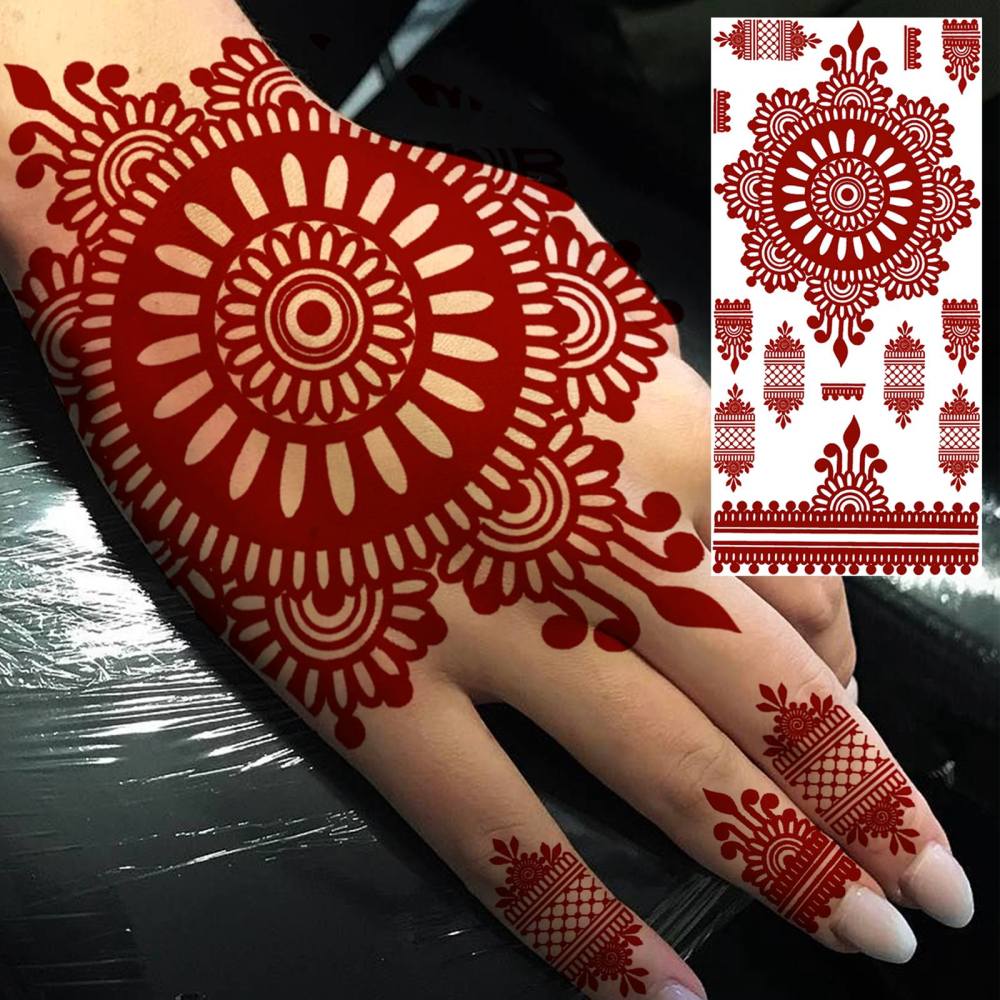 1 Sheet Henna Mandala Ramadan Mubarak Kareem Red Brown Temporary Tattoos For Women Adults Lace Hands Foot Forearm Arm Body Art Makeup, Semi Permanent Temp Fake Tattoo Stickers Waterproof Fake Jewelry Tatoos For Festival Party Accessory