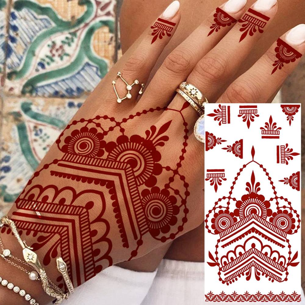 1 Sheet Henna Mandala Ramadan Mubarak Kareem Red Brown Temporary Tattoos For Women Adults Lace Hands Foot Forearm Arm Body Art Makeup, Semi Permanent Temp Fake Tattoo Stickers Waterproof Fake Jewelry Tatoos For Festival Party Accessory