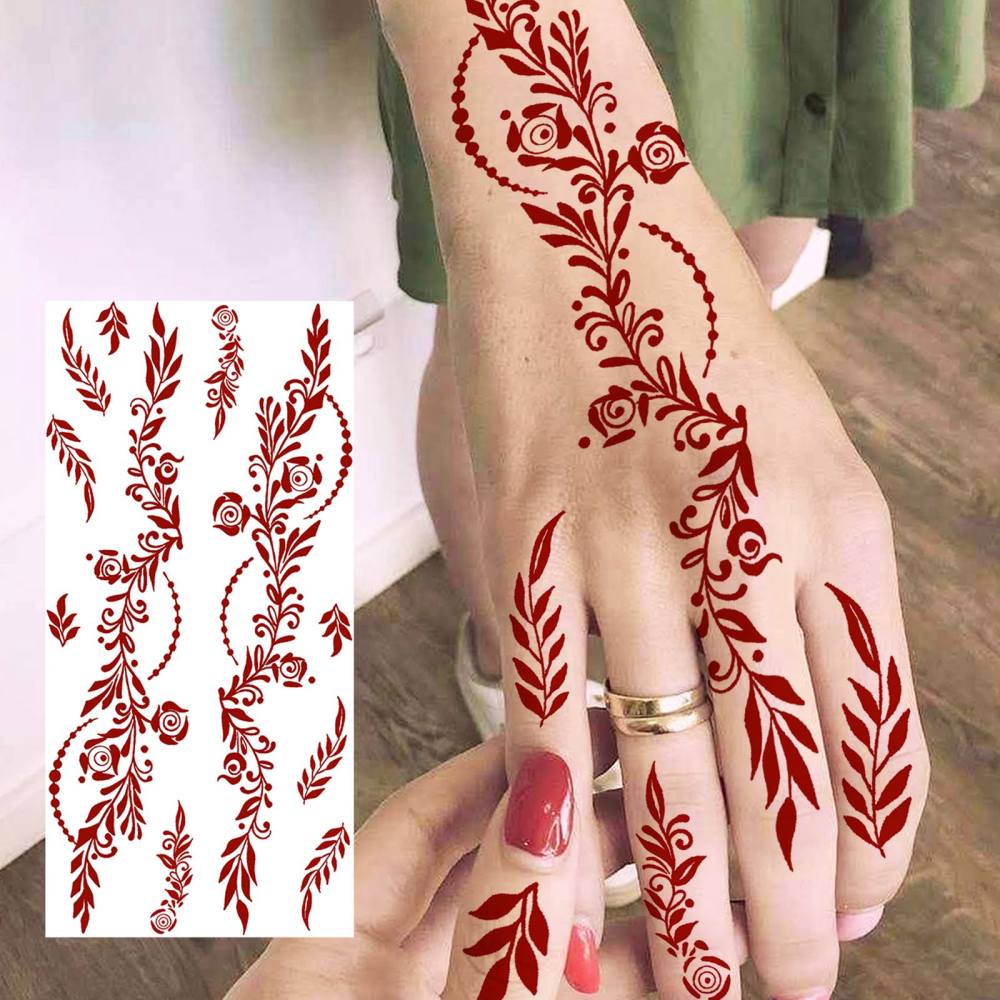 1 Sheet Henna Mandala Ramadan Mubarak Kareem Red Brown Temporary Tattoos For Women Adults Lace Hands Foot Forearm Arm Body Art Makeup, Semi Permanent Temp Fake Tattoo Stickers Waterproof Fake Jewelry Tatoos For Festival Party Accessory