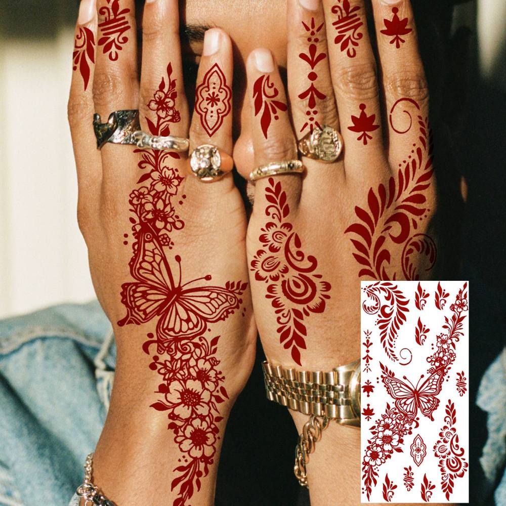 1 Sheet Henna Mandala Ramadan Mubarak Kareem Red Brown Temporary Tattoos For Women Adults Lace Hands Foot Forearm Arm Body Art Makeup, Semi Permanent Temp Fake Tattoo Stickers Waterproof Fake Jewelry Tatoos For Festival Party Accessory