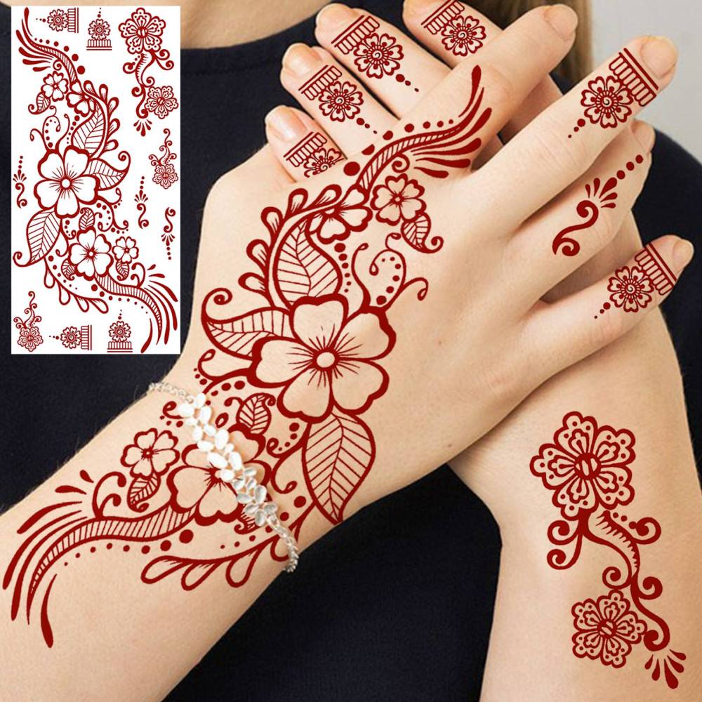 1 Sheet Henna Mandala Ramadan Mubarak Kareem Red Brown Temporary Tattoos For Women Adults Lace Hands Foot Forearm Arm Body Art Makeup, Semi Permanent Temp Fake Tattoo Stickers Waterproof Fake Jewelry Tatoos For Festival Party Accessory