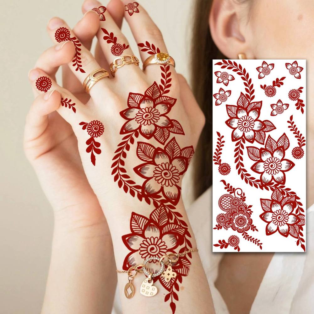 1 Sheet Henna Mandala Ramadan Mubarak Kareem Red Brown Temporary Tattoos For Women Adults Lace Hands Foot Forearm Arm Body Art Makeup, Semi Permanent Temp Fake Tattoo Stickers Waterproof Fake Jewelry Tatoos For Festival Party Accessory