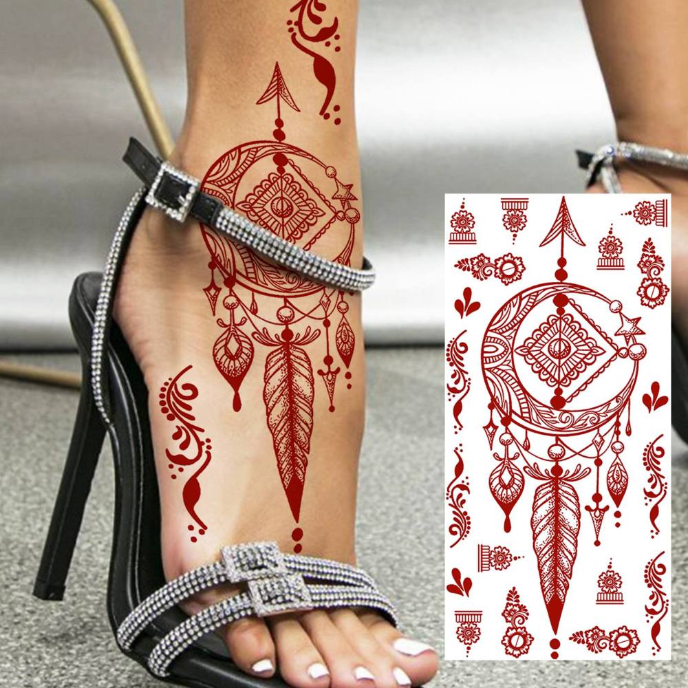 1 Sheet Henna Mandala Ramadan Mubarak Kareem Red Brown Temporary Tattoos For Women Adults Lace Hands Foot Forearm Arm Body Art Makeup, Semi Permanent Temp Fake Tattoo Stickers Waterproof Fake Jewelry Tatoos For Festival Party Accessory