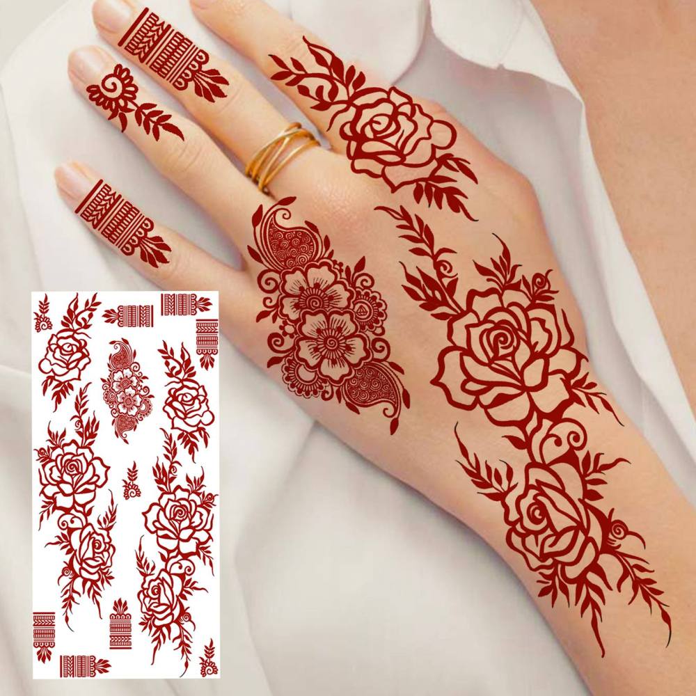 1 Sheet Henna Mandala Ramadan Mubarak Kareem Red Brown Temporary Tattoos For Women Adults Lace Hands Foot Forearm Arm Body Art Makeup, Semi Permanent Temp Fake Tattoo Stickers Waterproof Fake Jewelry Tatoos For Festival Party Accessory
