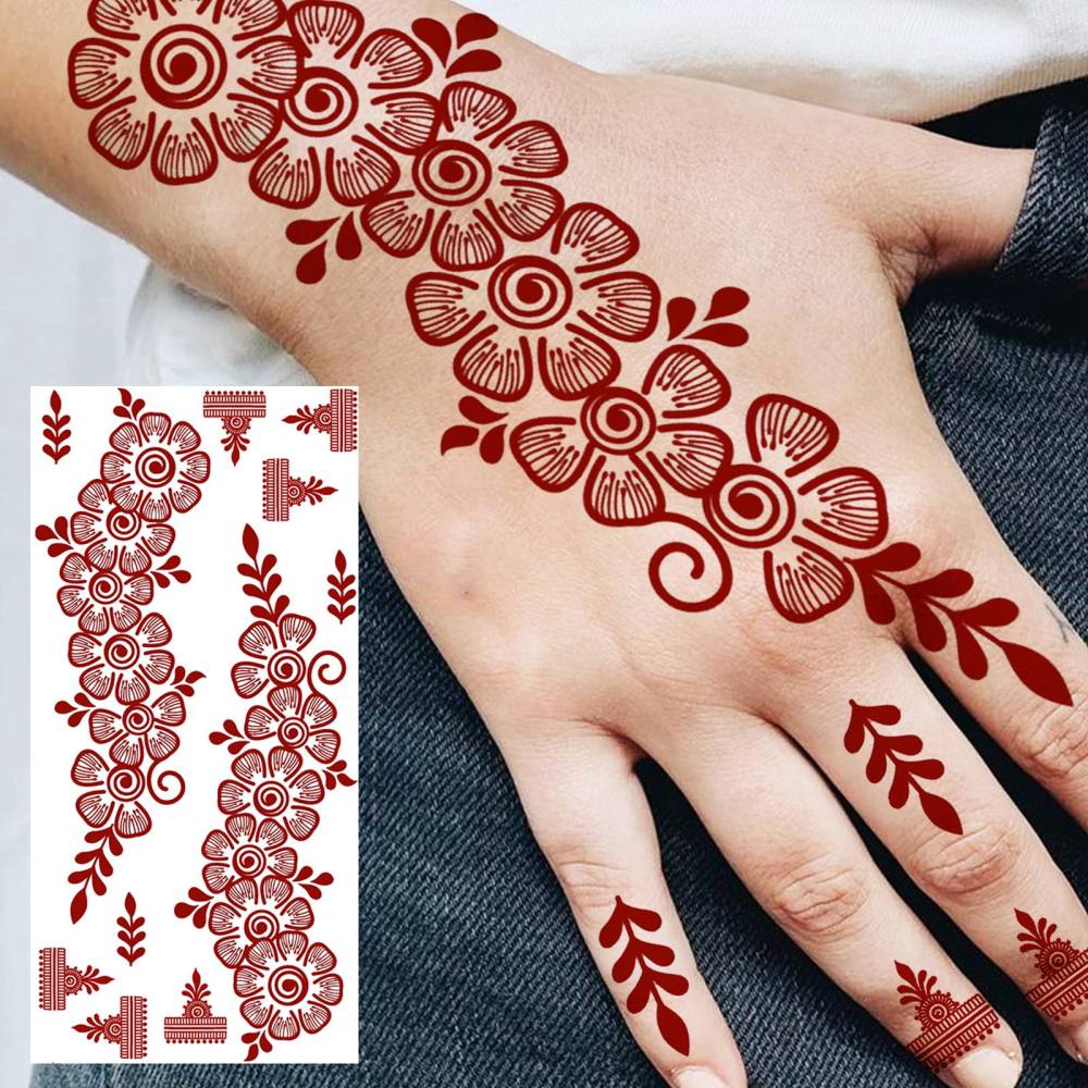 1 Sheet Henna Mandala Ramadan Mubarak Kareem Red Brown Temporary Tattoos For Women Adults Lace Hands Foot Forearm Arm Body Art Makeup, Semi Permanent Temp Fake Tattoo Stickers Waterproof Fake Jewelry Tatoos For Festival Party Accessory