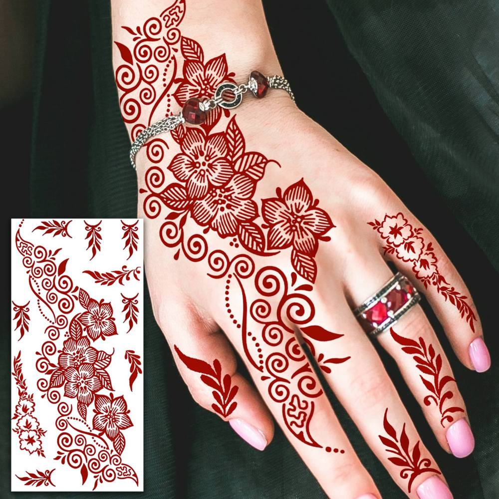 1 Sheet Henna Mandala Ramadan Mubarak Kareem Red Brown Temporary Tattoos For Women Adults Lace Hands Foot Forearm Arm Body Art Makeup, Semi Permanent Temp Fake Tattoo Stickers Waterproof Fake Jewelry Tatoos For Festival Party Accessory