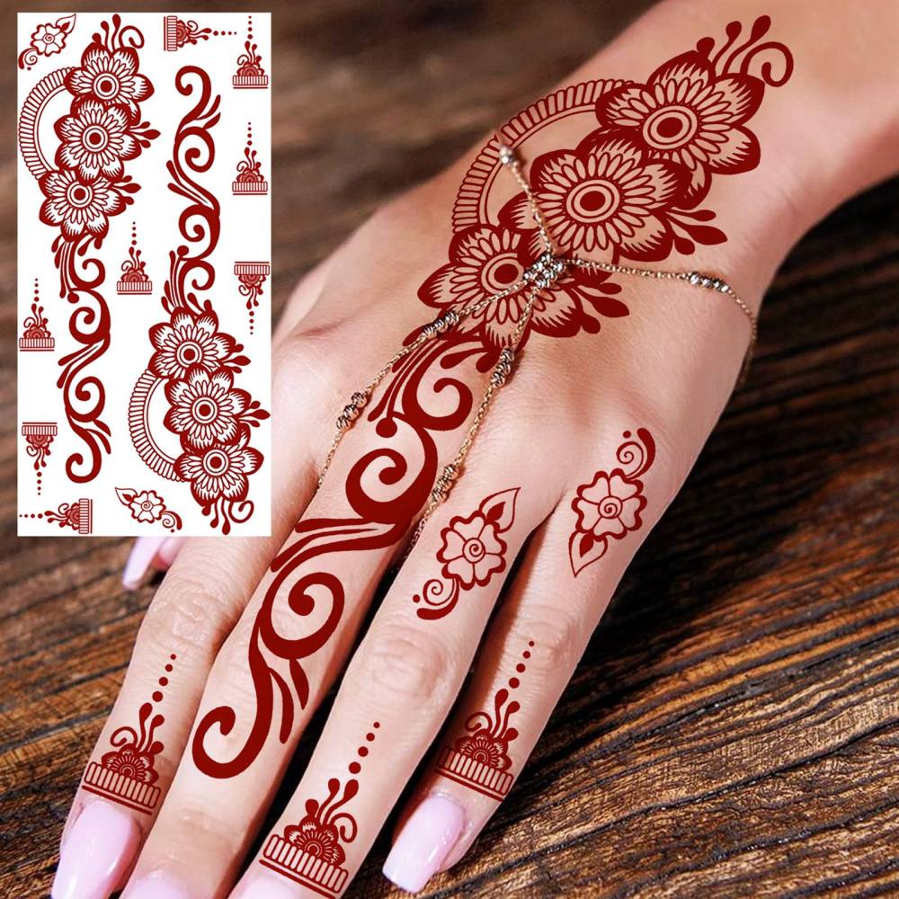 1 Sheet Henna Mandala Ramadan Mubarak Kareem Red Brown Temporary Tattoos For Women Adults Lace Hands Foot Forearm Arm Body Art Makeup, Semi Permanent Temp Fake Tattoo Stickers Waterproof Fake Jewelry Tatoos For Festival Party Accessory