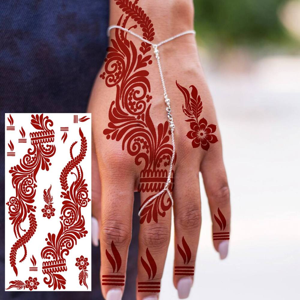 1 Sheet Henna Mandala Ramadan Mubarak Kareem Red Brown Temporary Tattoos For Women Adults Lace Hands Foot Forearm Arm Body Art Makeup, Semi Permanent Temp Fake Tattoo Stickers Waterproof Fake Jewelry Tatoos For Festival Party Accessory