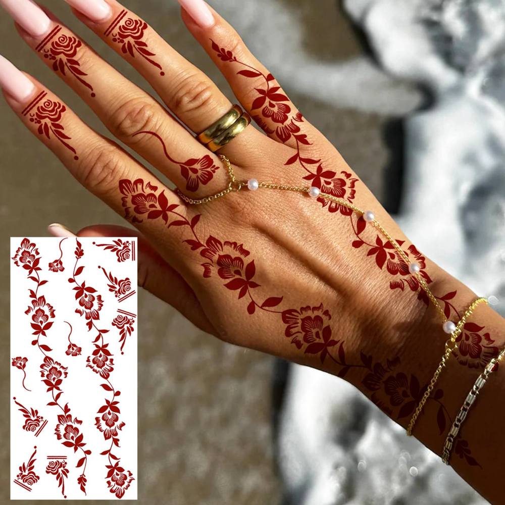 1 Sheet Henna Mandala Ramadan Mubarak Kareem Red Brown Temporary Tattoos For Women Adults Lace Hands Foot Forearm Arm Body Art Makeup, Semi Permanent Temp Fake Tattoo Stickers Waterproof Fake Jewelry Tatoos For Festival Party Accessory