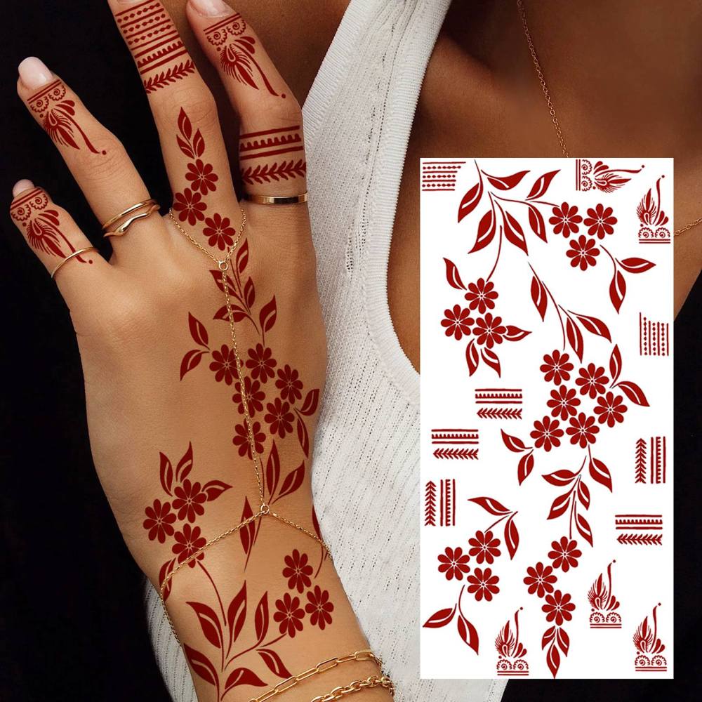 1 Sheet Henna Mandala Ramadan Mubarak Kareem Red Brown Temporary Tattoos For Women Adults Lace Hands Foot Forearm Arm Body Art Makeup, Semi Permanent Temp Fake Tattoo Stickers Waterproof Fake Jewelry Tatoos For Festival Party Accessory