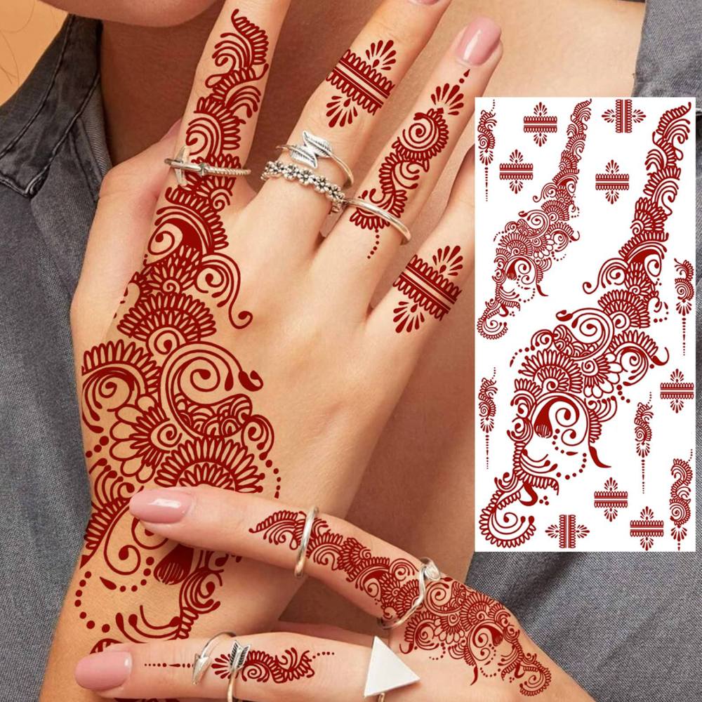 1 Sheet Henna Mandala Ramadan Mubarak Kareem Red Brown Temporary Tattoos For Women Adults Lace Hands Foot Forearm Arm Body Art Makeup, Semi Permanent Temp Fake Tattoo Stickers Waterproof Fake Jewelry Tatoos For Festival Party Accessory