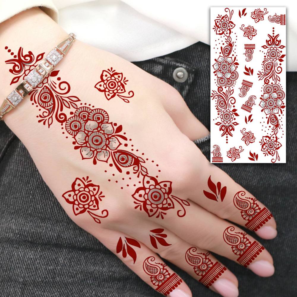1 Sheet Henna Mandala Ramadan Mubarak Kareem Red Brown Temporary Tattoos For Women Adults Lace Hands Foot Forearm Arm Body Art Makeup, Semi Permanent Temp Fake Tattoo Stickers Waterproof Fake Jewelry Tatoos For Festival Party Accessory
