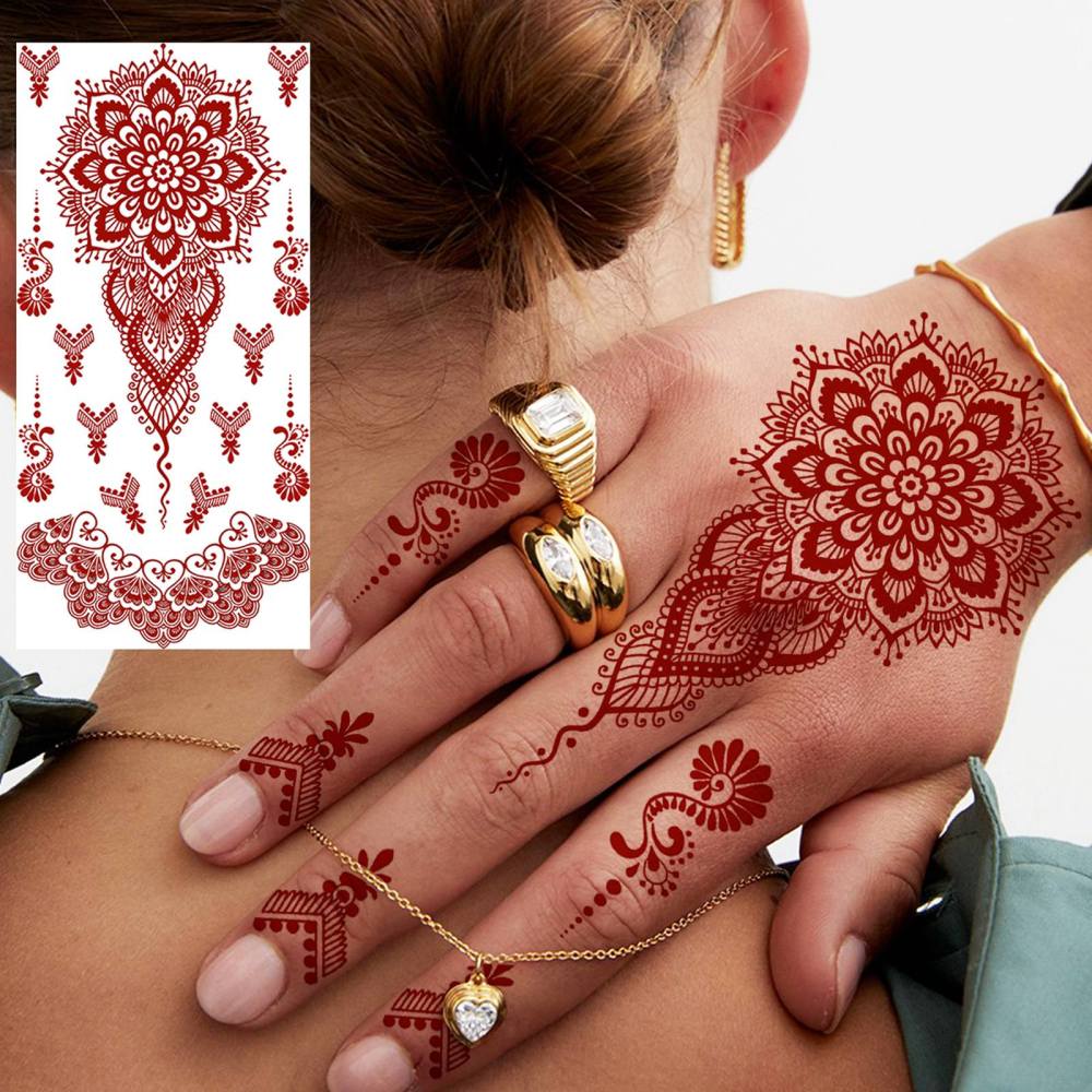 1 Sheet Henna Mandala Ramadan Mubarak Kareem Red Brown Temporary Tattoos For Women Adults Lace Hands Foot Forearm Arm Body Art Makeup, Semi Permanent Temp Fake Tattoo Stickers Waterproof Fake Jewelry Tatoos For Festival Party Accessory