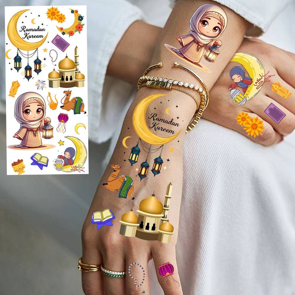 1 Sheet Crescent Moon Ramadan Mubarak Kareem  Temporary Tattoos For Women Adults Kids Men Lace Hands Foot Forearm Arm Body Art Makeup, Semi Permanent Temp Fake Tattoo Stickers Waterproof Tatoos For Festival Party Accessory
