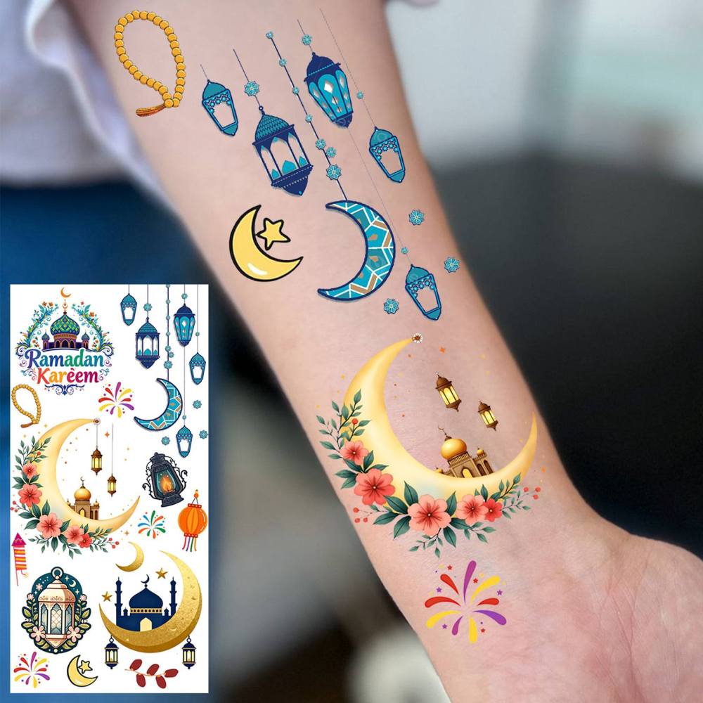 1 Sheet Crescent Moon Ramadan Mubarak Kareem  Temporary Tattoos For Women Adults Kids Men Lace Hands Foot Forearm Arm Body Art Makeup, Semi Permanent Temp Fake Tattoo Stickers Waterproof Tatoos For Festival Party Accessory
