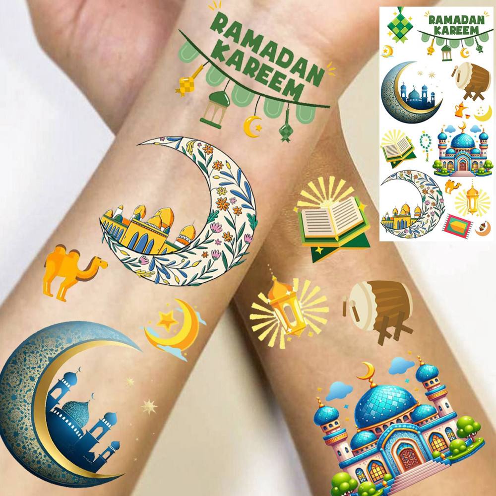 1 Sheet Crescent Moon Ramadan Mubarak Kareem  Temporary Tattoos For Women Adults Kids Men Lace Hands Foot Forearm Arm Body Art Makeup, Semi Permanent Temp Fake Tattoo Stickers Waterproof Tatoos For Festival Party Accessory