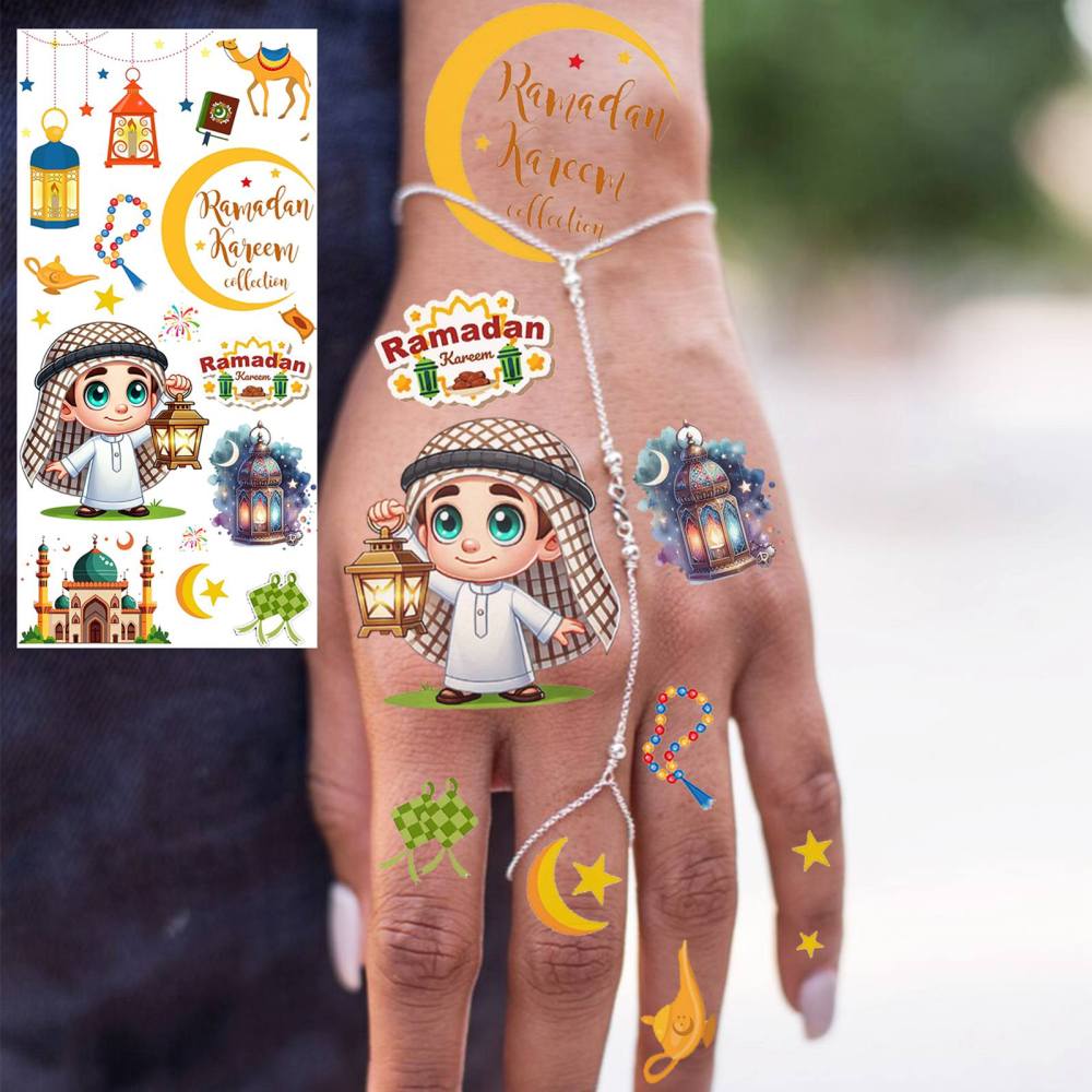 1 Sheet Crescent Moon Ramadan Mubarak Kareem  Temporary Tattoos For Women Adults Kids Men Lace Hands Foot Forearm Arm Body Art Makeup, Semi Permanent Temp Fake Tattoo Stickers Waterproof Tatoos For Festival Party Accessory