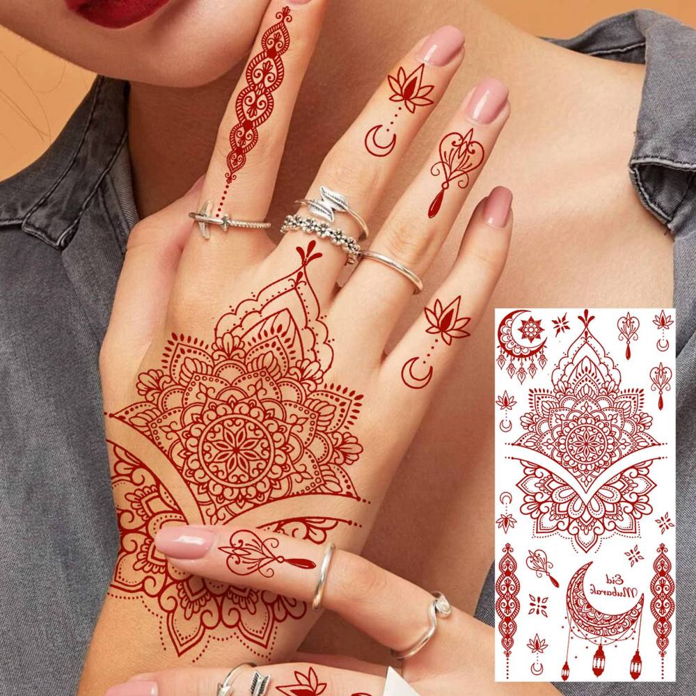 1 Sheet Henna Mandala Ramadan Mubarak Kareem Red Brown Temporary Tattoos For Women Men Adults Hands Foot Neck Forearm Arm Body Art Makeup, Semi Permanent Temp Fake Tattoo Stickers Waterproof Long Lasting Realistic Tatoos For Festival Party Accessory