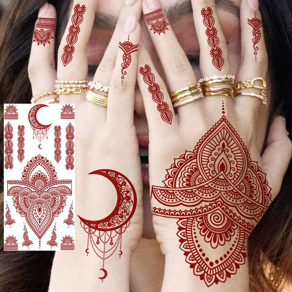 1 Sheet Henna Mandala Ramadan Mubarak Kareem Red Brown Temporary Tattoos For Women Men Adults Hands Foot Neck Forearm Arm Body Art Makeup, Semi Permanent Temp Fake Tattoo Stickers Waterproof Long Lasting Realistic Tatoos For Festival Party Accessory