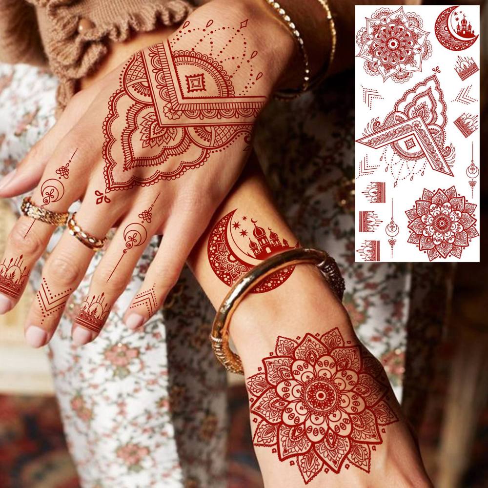 1 Sheet Henna Mandala Ramadan Mubarak Kareem Red Brown Temporary Tattoos For Women Men Adults Hands Foot Neck Forearm Arm Body Art Makeup, Semi Permanent Temp Fake Tattoo Stickers Waterproof Long Lasting Realistic Tatoos For Festival Party Accessory