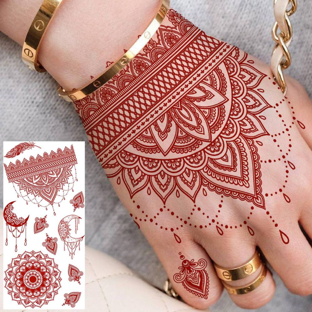 1 Sheet Henna Mandala Ramadan Mubarak Kareem Red Brown Temporary Tattoos For Women Men Adults Hands Foot Neck Forearm Arm Body Art Makeup, Semi Permanent Temp Fake Tattoo Stickers Waterproof Long Lasting Realistic Tatoos For Festival Party Accessory