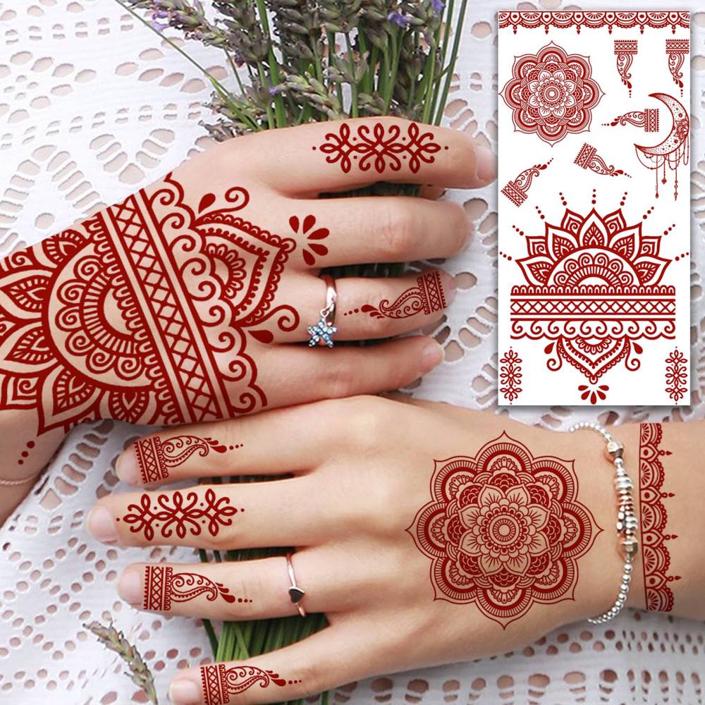 1 Sheet Henna Mandala Ramadan Mubarak Kareem Red Brown Temporary Tattoos For Women Men Adults Hands Foot Neck Forearm Arm Body Art Makeup, Semi Permanent Temp Fake Tattoo Stickers Waterproof Long Lasting Realistic Tatoos For Festival Party Accessory